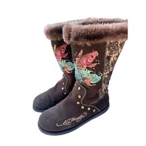 Ed Hardy Koi Fish Suede Boots - Women's Size 10